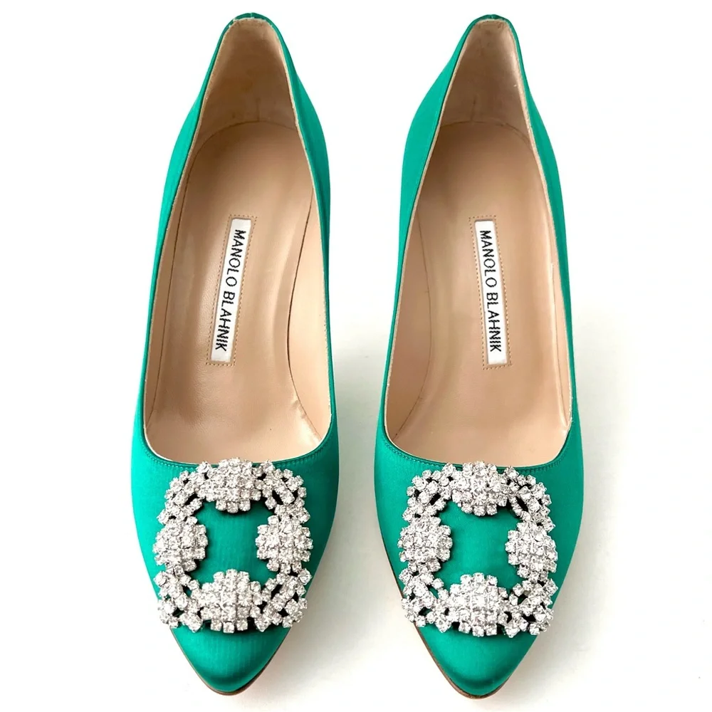 MANOLO BLAHNIK | Emerald Green Satin Jewel Buckle Crystal Pumps Heels US 6 EU 36 - Picture 3 of 15
